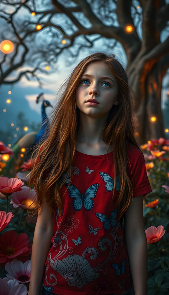 A vibrant, imaginative scene featuring a young girl with long, flowing auburn hair cascading down her shoulders, her large blue eyes gazing dreamily into the distance. She wears a striking red thigh t-shirt adorned with intricate patterns of swirling clouds and dancing butterflies. The setting is a whimsical, enchanted garden filled with oversized flowers in every hue of the rainbow, glowing softly under a twilight sky. Ethereal fireflies illuminate the scene, casting a magical glow. In the background, majestic peacocks with iridescent feathers strut gracefully among ancient, twisting trees. The atmosphere is serene and mystical, evoking a sense of wonder and adventure.