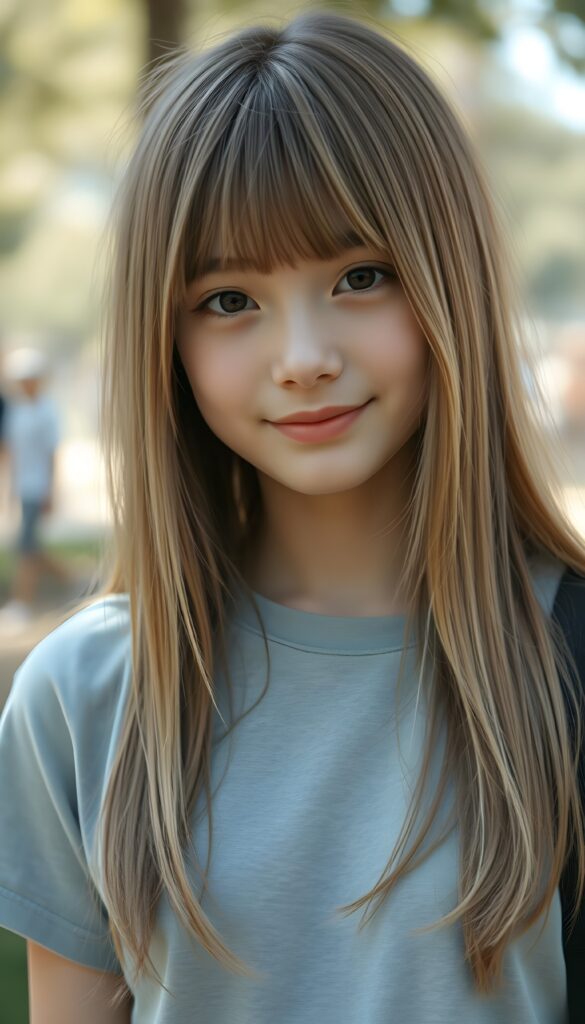 A vibrant, imaginative scene featuring a petite girl with light straight soft open long hair. Her hair has the same length on both sides and falls down. Her expression is a subtle, knowing smile, engaging with the viewer. The image is highly detailed, with rich saturation and deep shadows, emphasizing the depth and texture of her hair, all set in an ultra-high-resolution, 4k masterpiece. She wears a light grey plain thin t-shirt that support her beautiful female body. All against a sunny day in a park.