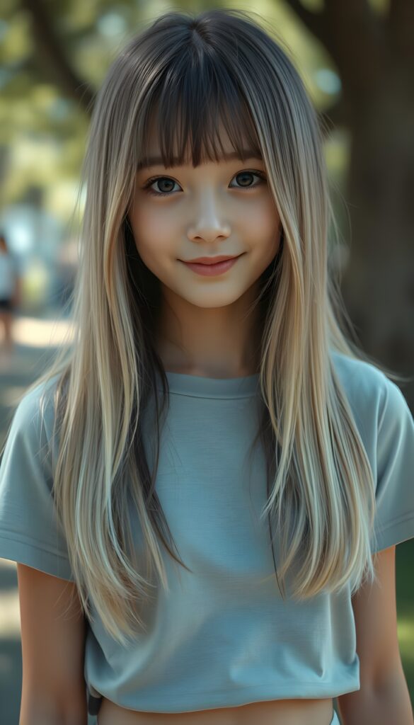 A vibrant, imaginative scene featuring a petite girl with light straight soft open long hair. Her hair has the same length on both sides and falls down. Her expression is a subtle, knowing smile, engaging with the viewer. The image is highly detailed, with rich saturation and deep shadows, emphasizing the depth and texture of her hair, all set in an ultra-high-resolution, 4k masterpiece. She wears a light grey plain thin t-shirt that support her beautiful female body. All against a sunny day in a park.