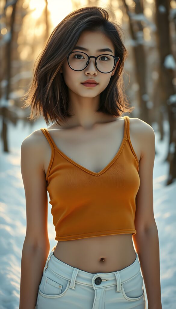 a detailed and realistic body photo: a (((white-skinned young tanned teen girl with soft, ((black shoulder long straight hair and brown highlights, bangs))), wearing a ((plain amber fine wool cropped tank top, deep v-neck, white denim jeans pants))), perfect curved fit body, you can see her cute round belly button, standing confidently in a serene snow-covered ((white landscape, trees)), black glasses.