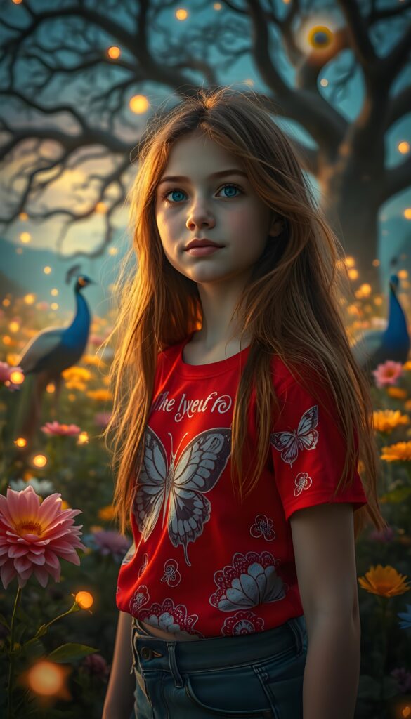A vibrant, imaginative scene featuring a young girl with long, flowing auburn hair cascading down her shoulders, her large blue eyes gazing dreamily into the distance. She wears a striking red thigh t-shirt adorned with intricate patterns of swirling clouds and dancing butterflies. The setting is a whimsical, enchanted garden filled with oversized flowers in every hue of the rainbow, glowing softly under a twilight sky. Ethereal fireflies illuminate the scene, casting a magical glow. In the background, majestic peacocks with iridescent feathers strut gracefully among ancient, twisting trees. The atmosphere is serene and mystical, evoking a sense of wonder and adventure.