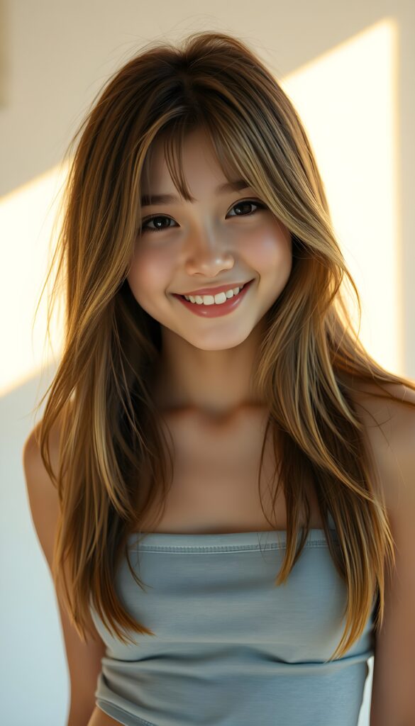 A vibrant portrait of a young teen girl with straight, chestnut-brown hair and blond highlights cascading over her shoulders and a warm, radiant smile. She wears a short, form-fitting light grey spaghetti tank top that hugs her curves. The background transitions from a soft white to a pastel gradient, casting a dreamy, ethereal glow. Golden sunlight filters through the scene, accentuating her features. Her eyes sparkle with a mix of curiosity and warmth, inviting the viewer into her world of grace and elegance.
