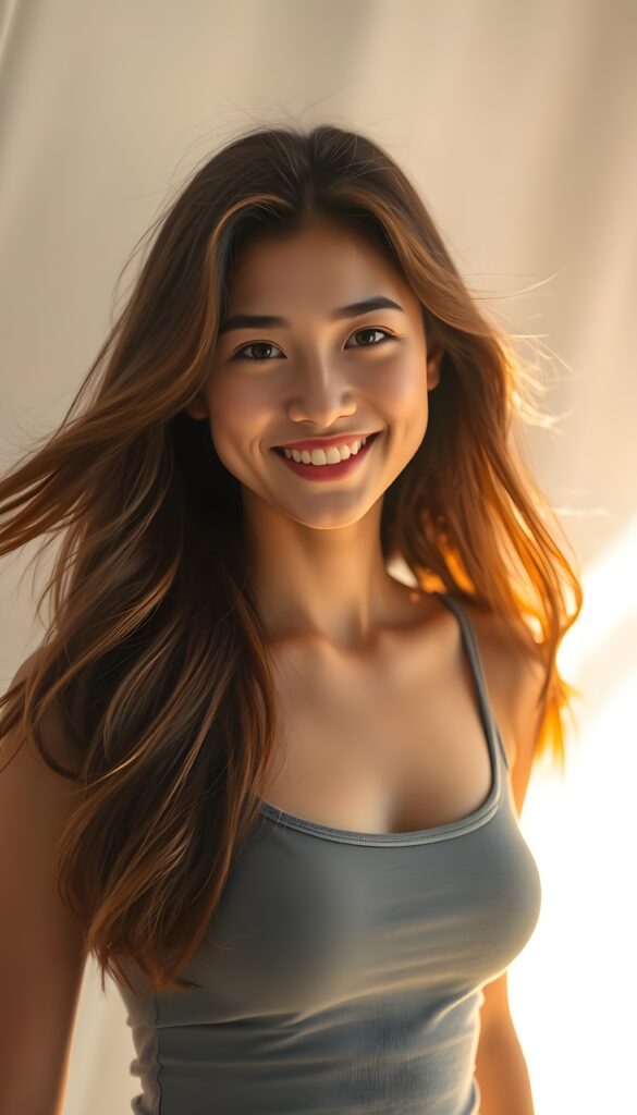 A vibrant portrait of a young woman with flowing, chestnut-brown hair cascading over her shoulders and a warm, radiant smile. She wears a short, form-fitting grey tank top that hugs her curves. The background transitions from a soft white to a pastel gradient, casting a dreamy, ethereal glow. Golden sunlight filters through the scene, accentuating her features. Her eyes sparkle with a mix of curiosity and warmth, inviting the viewer into her world of grace and elegance.