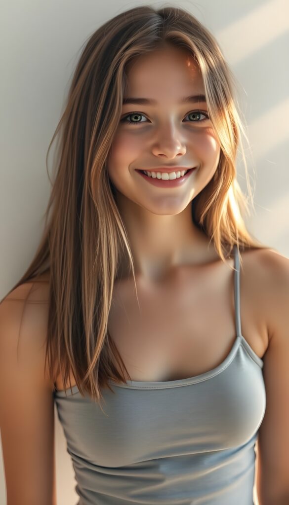 A vibrant portrait of a young teen girl with straight, chestnut-brown hair and blond highlights cascading over her shoulders and a warm, radiant smile. She wears a short, form-fitting light grey spaghetti tank top that hugs her curves. The background transitions from a soft white to a pastel gradient, casting a dreamy, ethereal glow. Golden sunlight filters through the scene, accentuating her features. Her eyes sparkle with a mix of curiosity and warmth, inviting the viewer into her world of grace and elegance.