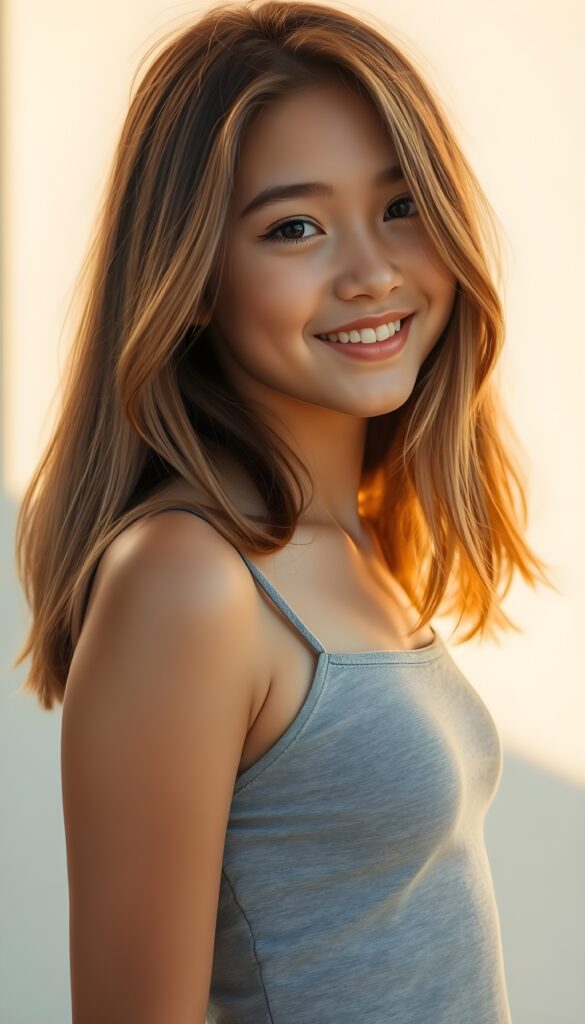 A vibrant portrait of a young teen girl with straight, chestnut-brown hair and blond highlights cascading over her shoulders and a warm, radiant smile. She wears a short, form-fitting light grey spaghetti tank top that hugs her curves. The background transitions from a soft white to a pastel gradient, casting a dreamy, ethereal glow. Golden sunlight filters through the scene, accentuating her features. Her eyes sparkle with a mix of curiosity and warmth, inviting the viewer into her world of grace and elegance.