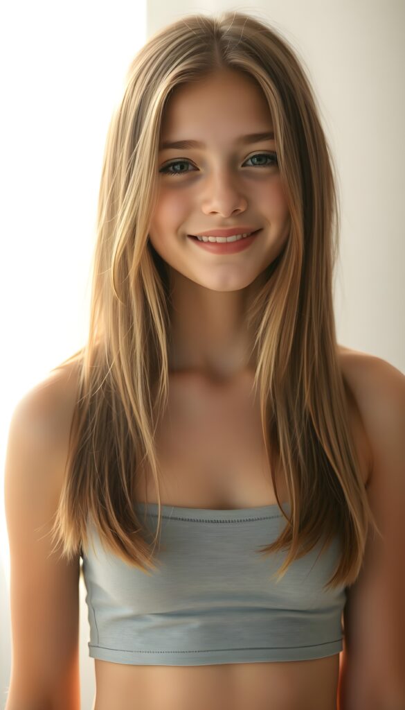 A vibrant portrait of a young teen girl with straight, chestnut-brown hair and blond highlights cascading over her shoulders and a warm, radiant smile. She wears a short, form-fitting light grey spaghetti tank top that hugs her curves. The background transitions from a soft white to a pastel gradient, casting a dreamy, ethereal glow. Golden sunlight filters through the scene, accentuating her features. Her eyes sparkle with a mix of curiosity and warmth, inviting the viewer into her world of grace and elegance.