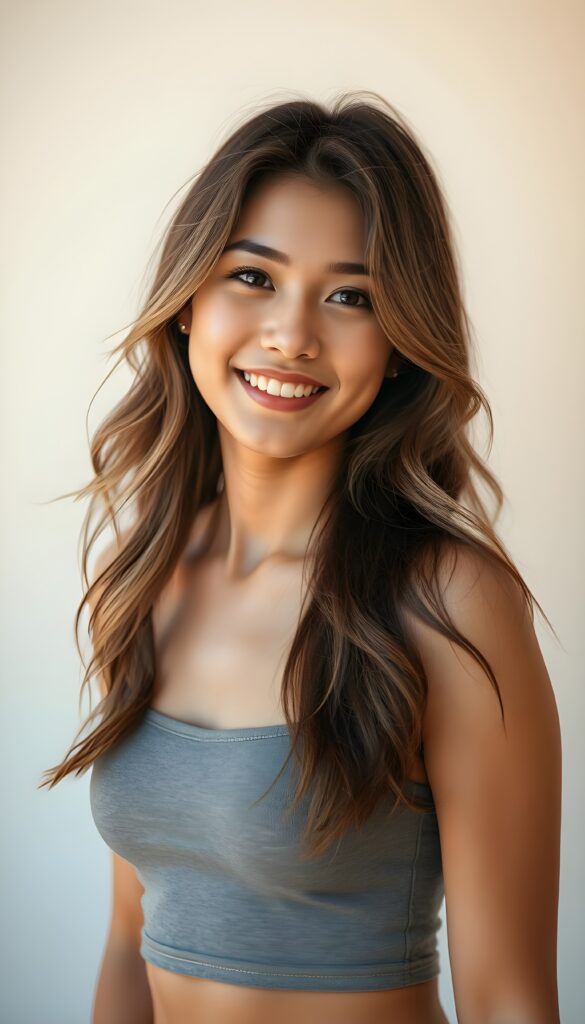A vibrant portrait of a young woman with flowing, chestnut-brown hair cascading over her shoulders and a warm, radiant smile. She wears a short, form-fitting grey tank top that hugs her curves. The background transitions from a soft white to a pastel gradient, casting a dreamy, ethereal glow. Golden sunlight filters through the scene, accentuating her features. Her eyes sparkle with a mix of curiosity and warmth, inviting the viewer into her world of grace and elegance.