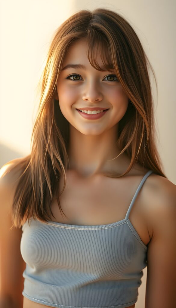 A vibrant portrait of a young teen girl with straight, chestnut-brown hair and blond highlights cascading over her shoulders and a warm, radiant smile. She wears a short, form-fitting light grey spaghetti tank top that hugs her curves. The background transitions from a soft white to a pastel gradient, casting a dreamy, ethereal glow. Golden sunlight filters through the scene, accentuating her features. Her eyes sparkle with a mix of curiosity and warmth, inviting the viewer into her world of grace and elegance.