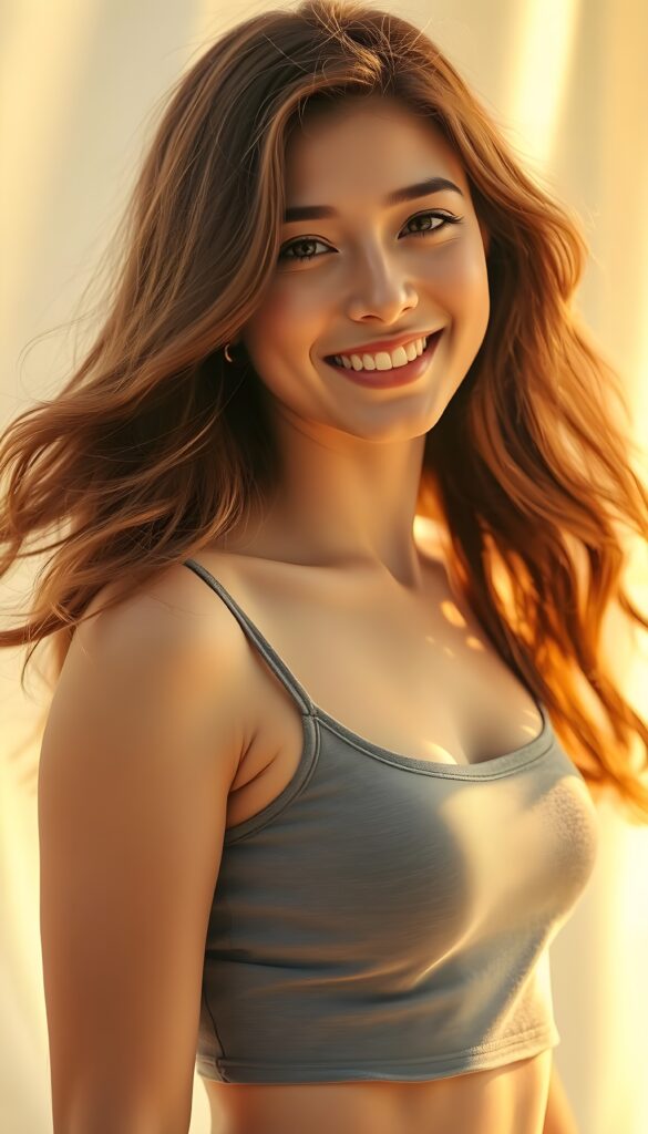 A vibrant portrait of a young woman with flowing, chestnut-brown hair cascading over her shoulders and a warm, radiant smile. She wears a short, form-fitting grey tank top that hugs her curves. The background transitions from a soft white to a pastel gradient, casting a dreamy, ethereal glow. Golden sunlight filters through the scene, accentuating her features. Her eyes sparkle with a mix of curiosity and warmth, inviting the viewer into her world of grace and elegance.