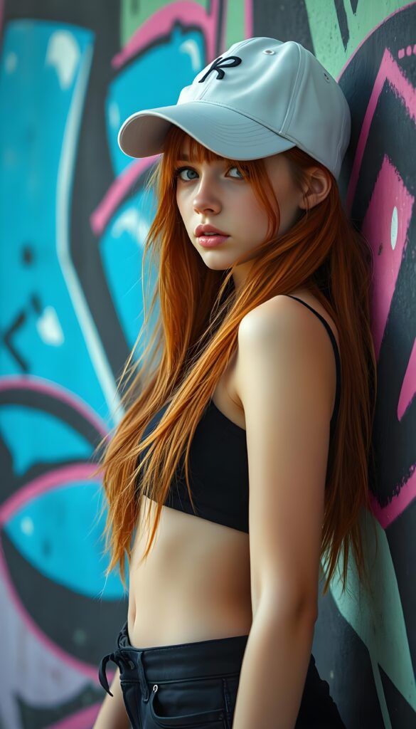 A vibrant scene featuring a young girl with long amber red hair, wearing a short black cropped tank top and white baseball cap, against a graffiti-covered wall. The graffiti is a mix of neon colors, including blue, pink, and green, with dynamic shapes and abstract patterns, her posture is relaxed yet confident. The image captures the energy and freedom of a modern gils culture with a pop art influence, blending realism with a touch of surrealism.