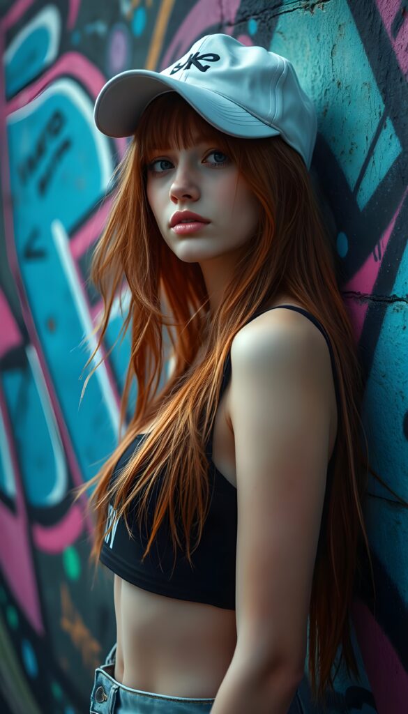 A vibrant scene featuring a young girl with long amber red hair, wearing a short black cropped tank top and white baseball cap, against a graffiti-covered wall. The graffiti is a mix of neon colors, including blue, pink, and green, with dynamic shapes and abstract patterns, her posture is relaxed yet confident. The image captures the energy and freedom of a modern gils culture with a pop art influence, blending realism with a touch of surrealism.
