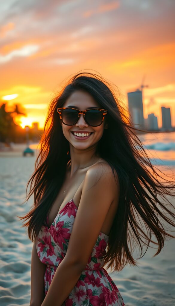 A vibrant scene at a tropical beach, featuring a young Latina girl with flowing dark hair and a radiant smile. She wears a floral sundress and sunglasses, posing playfully. The backdrop includes palm trees, a colorful sunset, and a distant city skyline with modern skyscrapers. The sand sparkles under the warm golden light, with waves gently crashing nearby. The sky is painted in hues of orange, pink, and purple, creating a serene and joyful atmosphere.