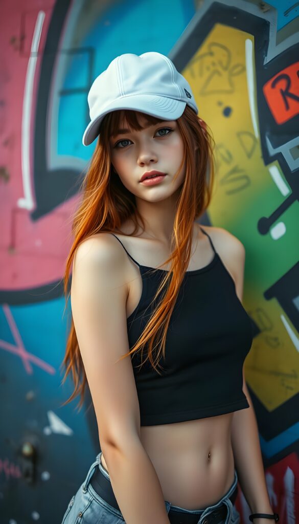 A vibrant scene featuring a young girl with long amber red hair, wearing a short black cropped tank top and white baseball cap, against a graffiti-covered wall. The graffiti is a mix of neon colors, including blue, pink, and green, with dynamic shapes and abstract patterns, her posture is relaxed yet confident. The image captures the energy and freedom of a modern gils culture with a pop art influence, blending realism with a touch of surrealism.