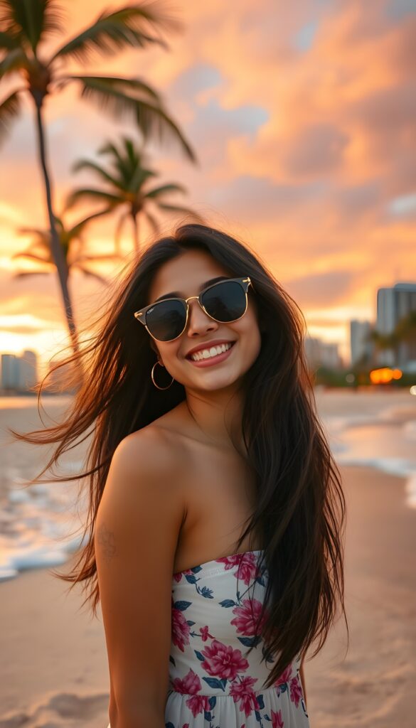 A vibrant scene at a tropical beach, featuring a young Latina girl with flowing dark hair and a radiant smile. She wears a floral sundress and sunglasses, posing playfully. The backdrop includes palm trees, a colorful sunset, and a distant city skyline with modern skyscrapers. The sand sparkles under the warm golden light, with waves gently crashing nearby. The sky is painted in hues of orange, pink, and purple, creating a serene and joyful atmosphere.