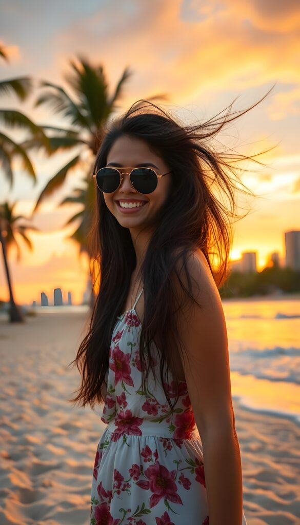 A vibrant scene at a tropical beach, featuring a young Latina girl with flowing dark hair and a radiant smile. She wears a floral sundress and sunglasses, posing playfully. The backdrop includes palm trees, a colorful sunset, and a distant city skyline with modern skyscrapers. The sand sparkles under the warm golden light, with waves gently crashing nearby. The sky is painted in hues of orange, pink, and purple, creating a serene and joyful atmosphere.