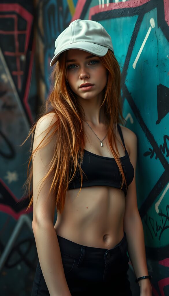 A vibrant scene featuring a young girl with long amber red hair, wearing a short black cropped tank top and white baseball cap, against a graffiti-covered wall. The graffiti is a mix of neon colors, including blue, pink, and green, with dynamic shapes and abstract patterns, her posture is relaxed yet confident. The image captures the energy and freedom of a modern gils culture with a pop art influence, blending realism with a touch of surrealism.