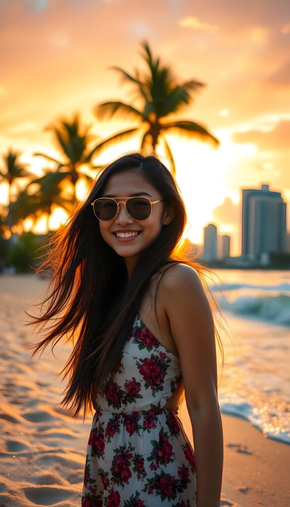 A vibrant scene at a tropical beach, featuring a young Latina girl with flowing dark hair and a radiant smile. She wears a floral sundress and sunglasses, posing playfully. The backdrop includes palm trees, a colorful sunset, and a distant city skyline with modern skyscrapers. The sand sparkles under the warm golden light, with waves gently crashing nearby. The sky is painted in hues of orange, pink, and purple, creating a serene and joyful atmosphere.