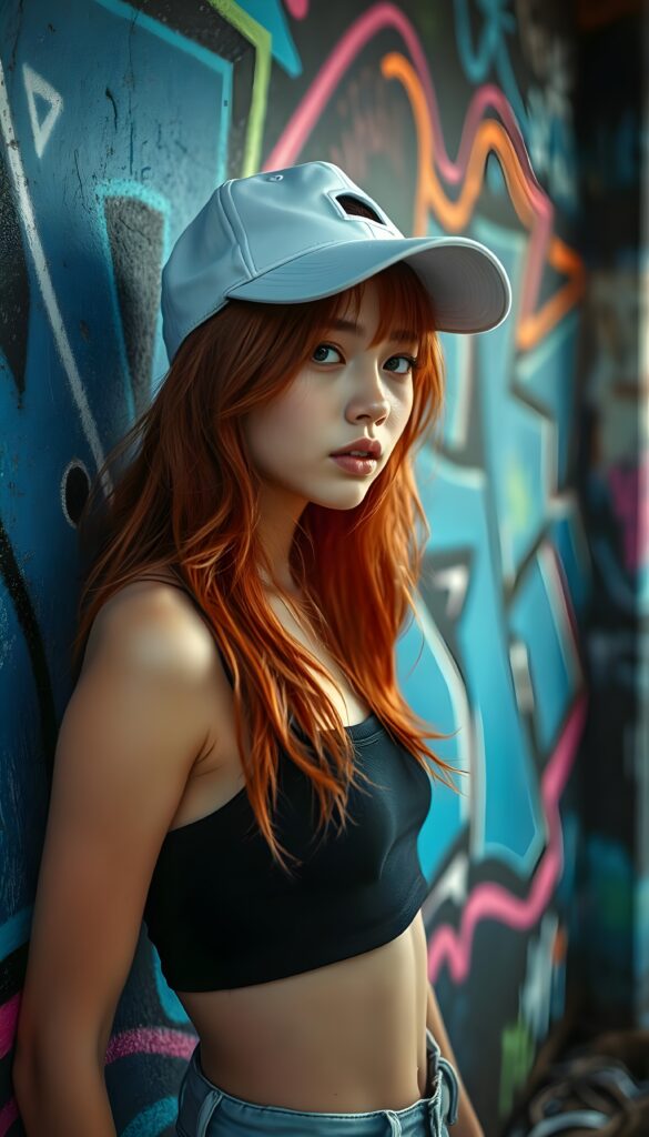 A vibrant scene featuring a young girl with long amber red hair, wearing a short black cropped tank top and white baseball cap, against a graffiti-covered wall. The graffiti is a mix of neon colors, including blue, pink, and green, with dynamic shapes and abstract patterns, her posture is relaxed yet confident. The image captures the energy and freedom of a modern gils culture with a pop art influence, blending realism with a touch of surrealism.