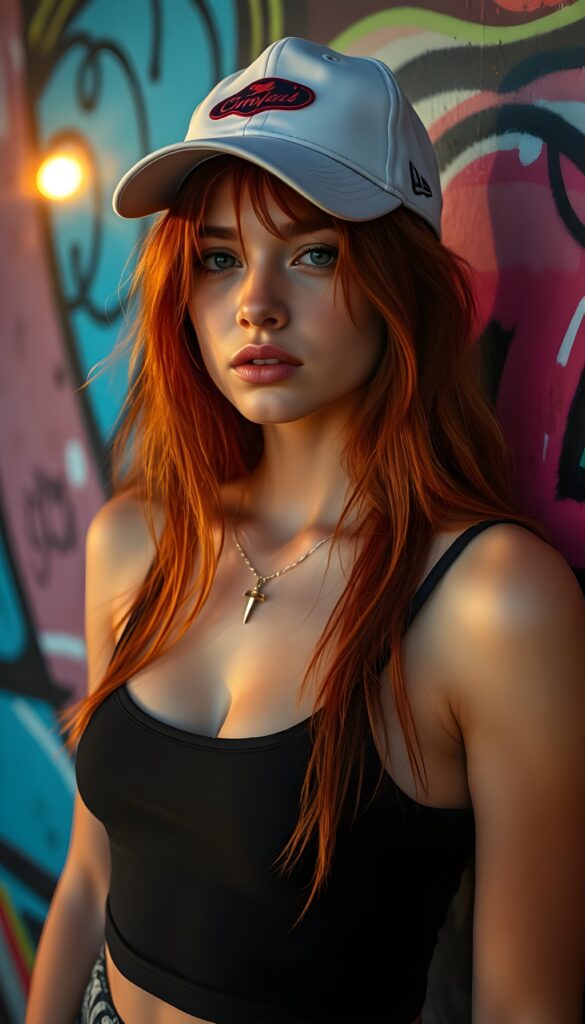 A vibrant scene featuring a young girl with long amber red hair, wearing a short black cropped tank top and white baseball cap, against a graffiti-covered wall. The graffiti is a mix of neon colors, including blue, pink, and green, with dynamic shapes and abstract patterns, her posture is relaxed yet confident. The image captures the energy and freedom of a modern gils culture with a pop art influence, blending realism with a touch of surrealism.