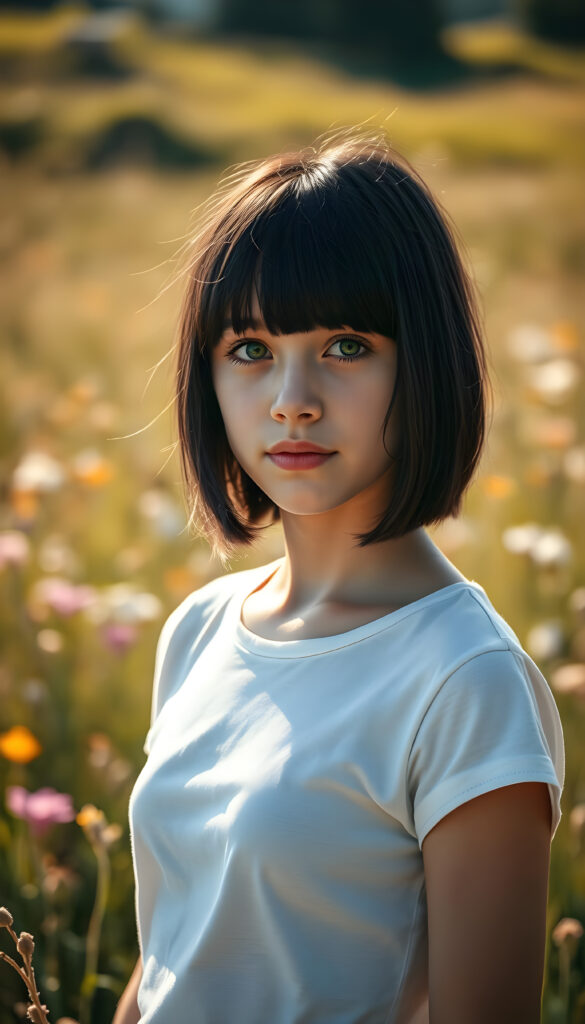 A vibrant, sunlit meadow with a young teen girl standing gracefully, her obsidian black hair falls down and is straight in the perfect bob cut, bangs. Her flawless, youthful skin glistens under the golden sunlight, accentuating her natural beauty. Dressed in a pristine white thin cropped t-shirt that contrasts beautifully with the lush landscape, capturing the essence of the moment. Her green, round eyes sparkle with curiosity and joy, adding a touch of whimsy to the serene landscape. The backdrop is a canvas of soft, diffused light, enhancing the dreamy, idyllic atmosphere. The scene is infused with a sense of tranquility and natural elegance, creating a captivating, photorealistic image that celebrates beauty and simplicity.