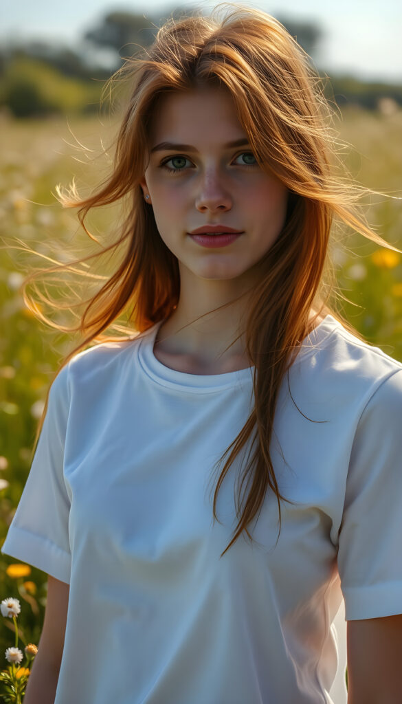 A vibrant, sunlit meadow with a young woman standing gracefully, her copper-red hair flowing in the breeze, blending harmoniously with the wildflowers. Her flawless, youthful skin glistens under the golden sunlight, accentuating her natural beauty. Dressed in a pristine white t-shirt that contrasts beautifully with the lush greenery, capturing the essence of the moment. Her green, round eyes sparkle with curiosity and joy, adding a touch of whimsy to the serene landscape. The backdrop is a canvas of soft, diffused light, enhancing the dreamy, idyllic atmosphere. The scene is infused with a sense of tranquility and natural elegance, creating a captivating, photorealistic image that celebrates beauty and simplicity.