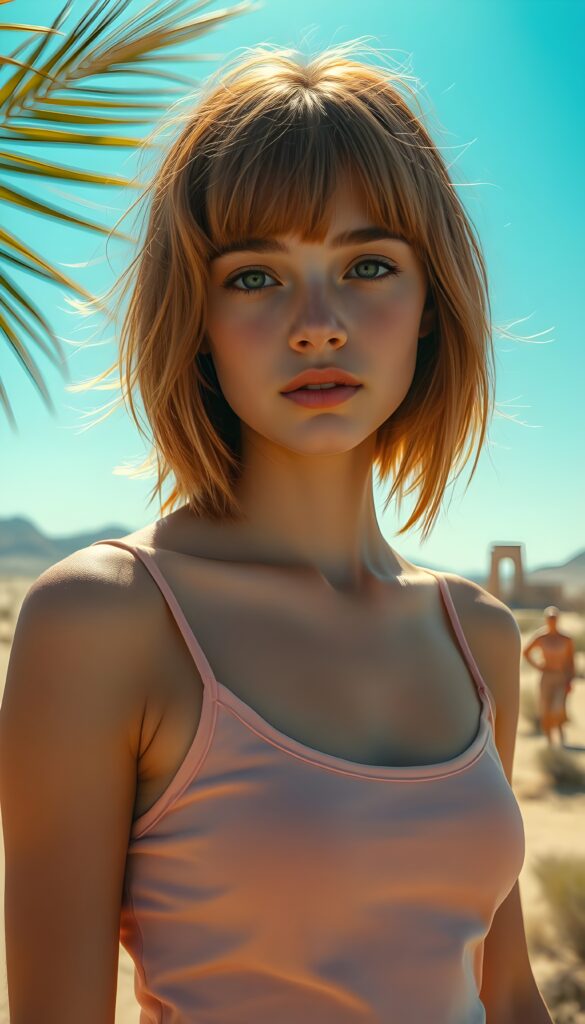 A vibrant, sunlit desert landscape stretches out, dotted with dunes and ancient ruins. In the foreground, a young cute young girl with straight copper and amber hair cascading down her shoulders, bangs and bob cut frame her round face. She wears a delicate, light pink tank top, accentuating her graceful silhouette. The sky above is a brilliant turquoise, and the air is filled with the gentle rustle of palm leaves, creating a serene and mystical atmosphere. Perfect female body. The sun kiss her flawless and tanned skin.