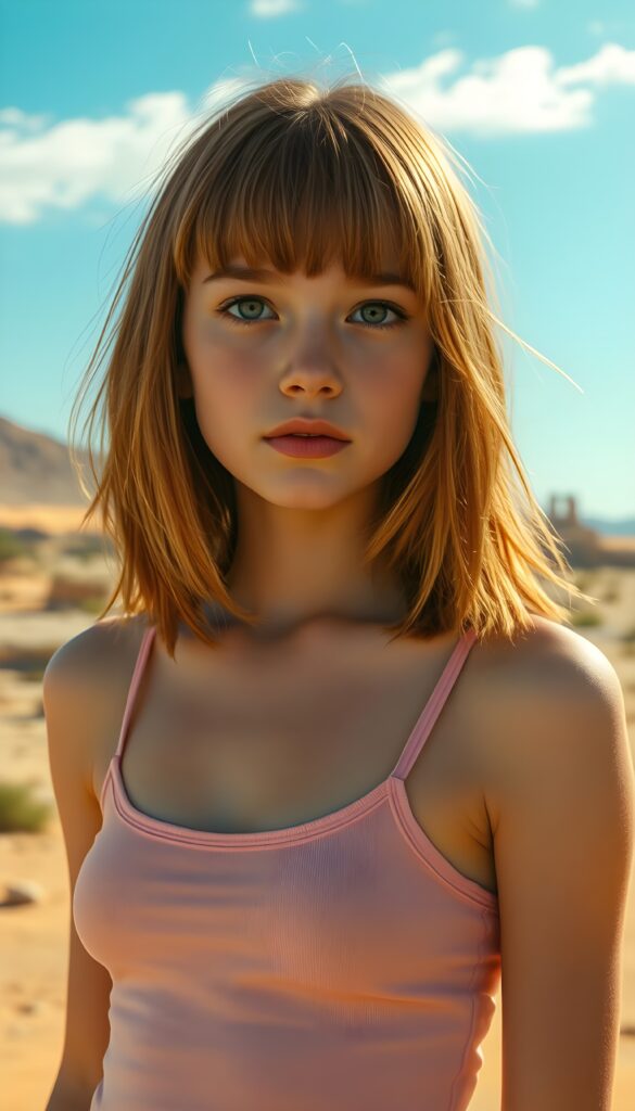 A vibrant, sunlit desert landscape stretches out, dotted with dunes and ancient ruins. In the foreground, a young cute young girl with straight copper and amber hair cascading down her shoulders, bangs and bob cut frame her round face. She wears a delicate, light pink tank top, accentuating her graceful silhouette. The sky above is a brilliant turquoise, and the air is filled with the gentle rustle of palm leaves, creating a serene and mystical atmosphere. Perfect female body. The sun kiss her flawless and tanned skin.