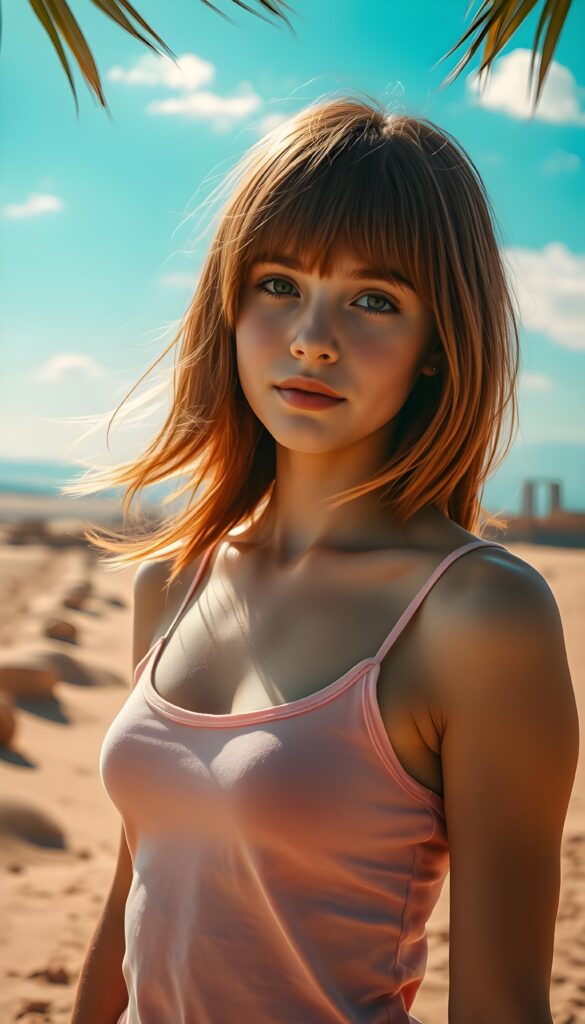 A vibrant, sunlit desert landscape stretches out, dotted with dunes and ancient ruins. In the foreground, a young cute young girl with straight copper and amber hair cascading down her shoulders, bangs and bob cut frame her round face. She wears a delicate, light pink tank top, accentuating her graceful silhouette. The sky above is a brilliant turquoise, and the air is filled with the gentle rustle of palm leaves, creating a serene and mystical atmosphere. Perfect female body. The sun kiss her flawless and tanned skin.