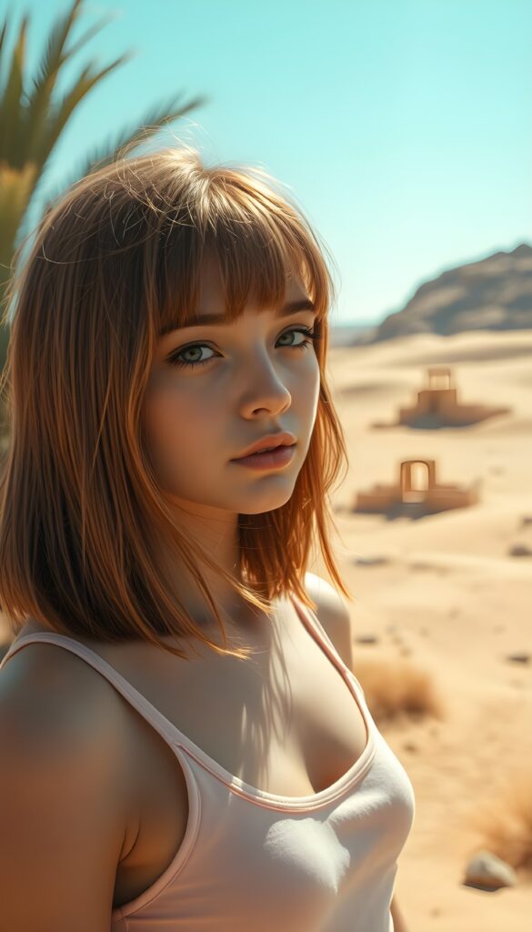 A vibrant, sunlit desert landscape stretches out, dotted with dunes and ancient ruins. In the foreground, a young cute young girl with straight copper and amber hair cascading down her shoulders, bangs and bob cut frame her round face. She wears a delicate, light pink tank top, accentuating her graceful silhouette. The sky above is a brilliant turquoise, and the air is filled with the gentle rustle of palm leaves, creating a serene and mystical atmosphere. Perfect female body. The sun kiss her flawless and tanned skin.
