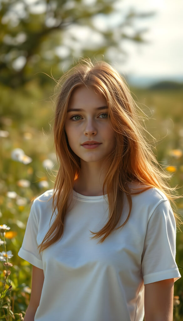 A vibrant, sunlit meadow with a young woman standing gracefully, her copper-red hair flowing in the breeze, blending harmoniously with the wildflowers. Her flawless, youthful skin glistens under the golden sunlight, accentuating her natural beauty. Dressed in a pristine white t-shirt that contrasts beautifully with the lush greenery, capturing the essence of the moment. Her green, round eyes sparkle with curiosity and joy, adding a touch of whimsy to the serene landscape. The backdrop is a canvas of soft, diffused light, enhancing the dreamy, idyllic atmosphere. The scene is infused with a sense of tranquility and natural elegance, creating a captivating, photorealistic image that celebrates beauty and simplicity.