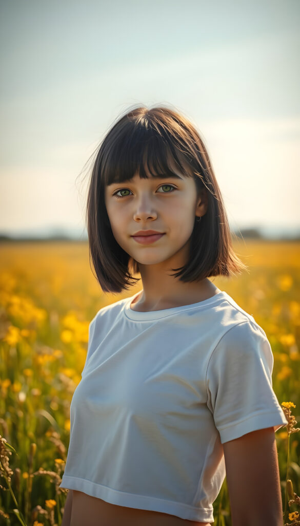 A vibrant, sunlit meadow with a young teen girl standing gracefully, her obsidian black hair falls down and is straight in the perfect bob cut, bangs. Her flawless, youthful skin glistens under the golden sunlight, accentuating her natural beauty. Dressed in a pristine white thin cropped t-shirt that contrasts beautifully with the lush landscape, capturing the essence of the moment. Her green, round eyes sparkle with curiosity and joy, adding a touch of whimsy to the serene landscape. The backdrop is a canvas of soft, diffused light, enhancing the dreamy, idyllic atmosphere. The scene is infused with a sense of tranquility and natural elegance, creating a captivating, photorealistic image that celebrates beauty and simplicity.