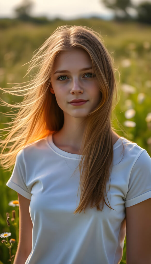 A vibrant, sunlit meadow with a young woman standing gracefully, her copper-red hair flowing in the breeze, blending harmoniously with the wildflowers. Her flawless, youthful skin glistens under the golden sunlight, accentuating her natural beauty. Dressed in a pristine white t-shirt that contrasts beautifully with the lush greenery, capturing the essence of the moment. Her green, round eyes sparkle with curiosity and joy, adding a touch of whimsy to the serene landscape. The backdrop is a canvas of soft, diffused light, enhancing the dreamy, idyllic atmosphere. The scene is infused with a sense of tranquility and natural elegance, creating a captivating, photorealistic image that celebrates beauty and simplicity.