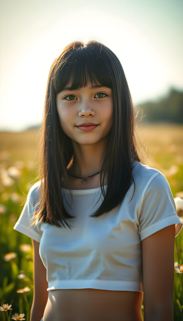 A vibrant, sunlit meadow with a young teen girl standing gracefully, her obsidian black hair falls down and is straight in the perfect bob cut, bangs. Her flawless, youthful skin glistens under the golden sunlight, accentuating her natural beauty. Dressed in a pristine white thin cropped t-shirt that contrasts beautifully with the lush landscape, capturing the essence of the moment. Her green, round eyes sparkle with curiosity and joy, adding a touch of whimsy to the serene landscape. The backdrop is a canvas of soft, diffused light, enhancing the dreamy, idyllic atmosphere. The scene is infused with a sense of tranquility and natural elegance, creating a captivating, photorealistic image that celebrates beauty and simplicity.
