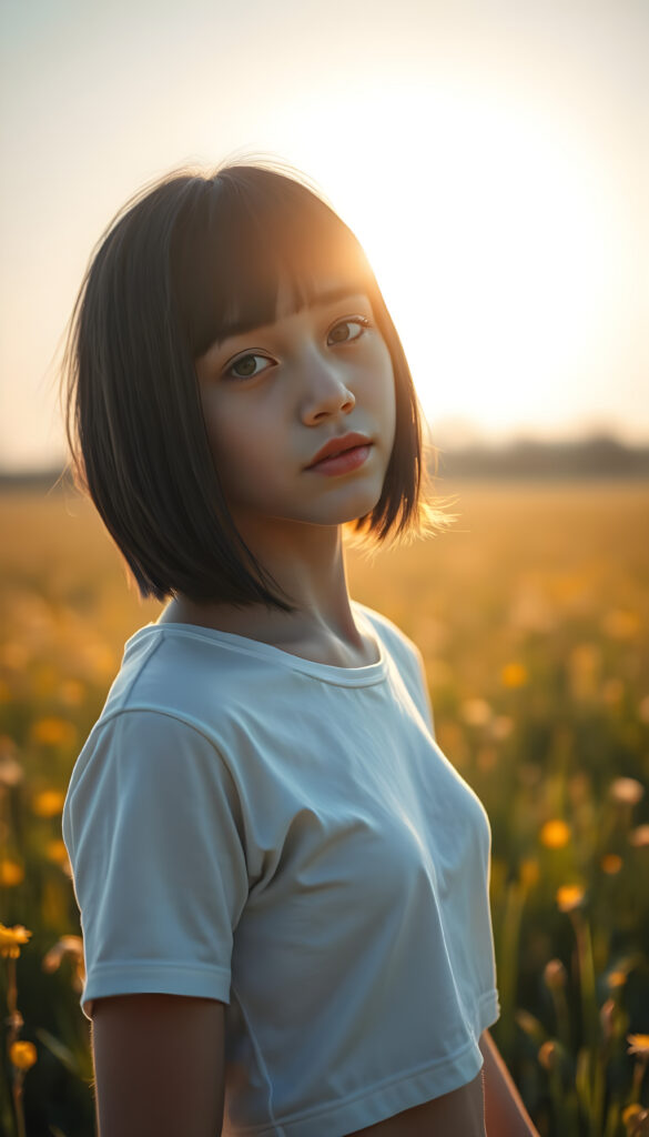 A vibrant, sunlit meadow with a young teen girl standing gracefully, her obsidian black hair falls down and is straight in the perfect bob cut, bangs. Her flawless, youthful skin glistens under the golden sunlight, accentuating her natural beauty. Dressed in a pristine white thin cropped t-shirt that contrasts beautifully with the lush landscape, capturing the essence of the moment. Her green, round eyes sparkle with curiosity and joy, adding a touch of whimsy to the serene landscape. The backdrop is a canvas of soft, diffused light, enhancing the dreamy, idyllic atmosphere. The scene is infused with a sense of tranquility and natural elegance, creating a captivating, photorealistic image that celebrates beauty and simplicity.