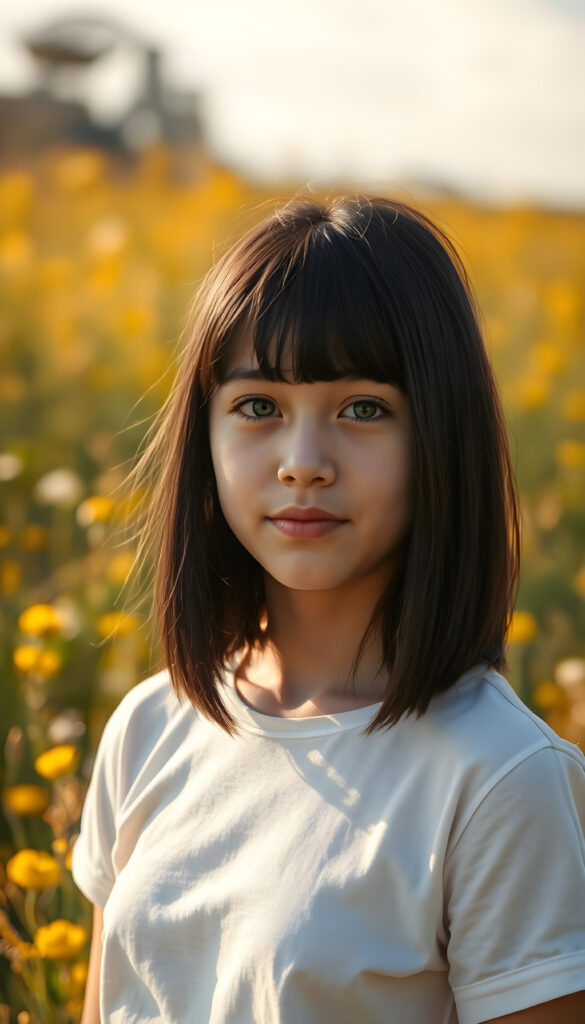 A vibrant, sunlit meadow with a young teen girl standing gracefully, her obsidian black hair falls down and is straight in the perfect bob cut, bangs. Her flawless, youthful skin glistens under the golden sunlight, accentuating her natural beauty. Dressed in a pristine white thin cropped t-shirt that contrasts beautifully with the lush landscape, capturing the essence of the moment. Her green, round eyes sparkle with curiosity and joy, adding a touch of whimsy to the serene landscape. The backdrop is a canvas of soft, diffused light, enhancing the dreamy, idyllic atmosphere. The scene is infused with a sense of tranquility and natural elegance, creating a captivating, photorealistic image that celebrates beauty and simplicity.