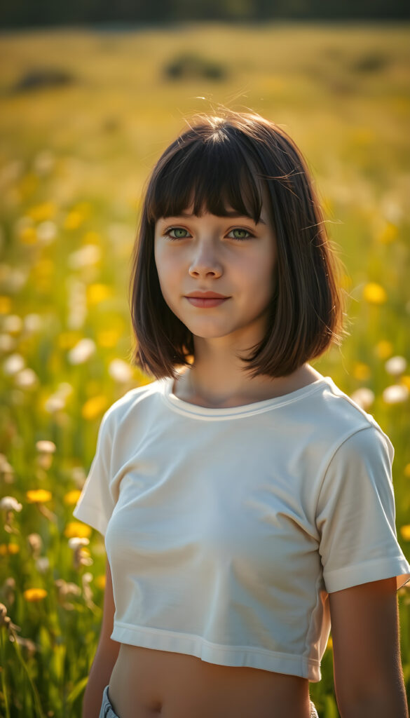 A vibrant, sunlit meadow with a young teen girl standing gracefully, her obsidian black hair falls down and is straight in the perfect bob cut, bangs. Her flawless, youthful skin glistens under the golden sunlight, accentuating her natural beauty. Dressed in a pristine white thin cropped t-shirt that contrasts beautifully with the lush landscape, capturing the essence of the moment. Her green, round eyes sparkle with curiosity and joy, adding a touch of whimsy to the serene landscape. The backdrop is a canvas of soft, diffused light, enhancing the dreamy, idyllic atmosphere. The scene is infused with a sense of tranquility and natural elegance, creating a captivating, photorealistic image that celebrates beauty and simplicity.
