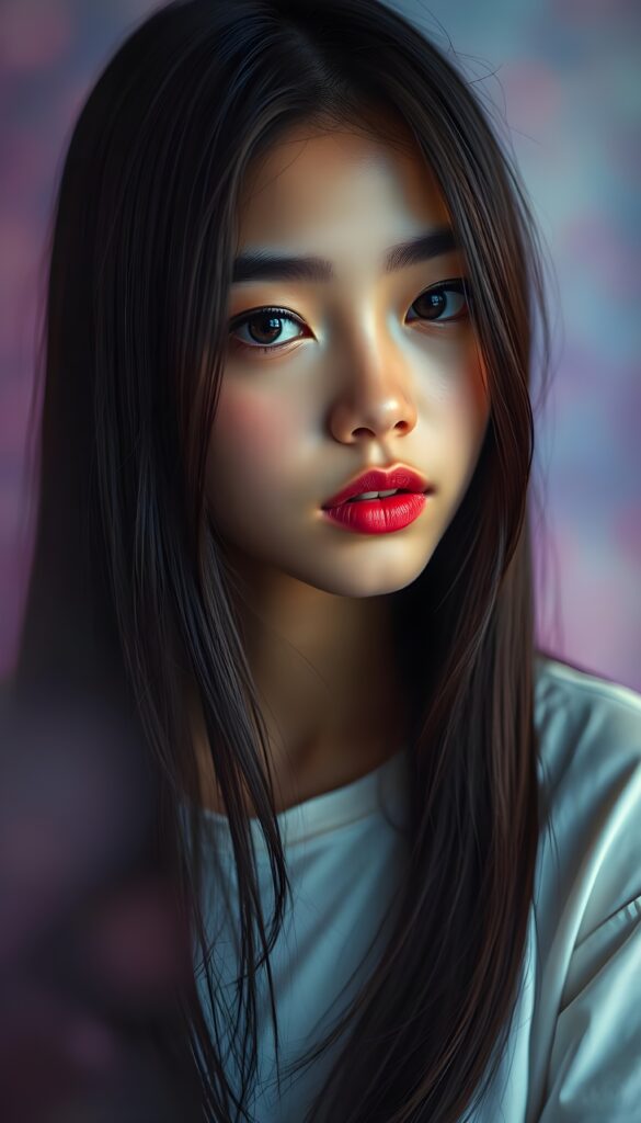A vibrant, surreal portrait of a beautiful young teenager with sleek, obsidian straight hair cascading like a waterfall just to her shoulder, her expressive eyes gazing softly into the camera. Her lips are vividly pink, slightly parted as if ready to speak. The background is a dreamy, soft-focus blend of pastel purples and blues, creating a whimsical, almost otherworldly atmosphere. Gentle, ethereal lighting highlights her features, giving the image a celestial glow. Her youthful, radiant expression exudes confidence and warmth, making the scene both striking and enchanting. She wears a white, thin fine t-shirt.