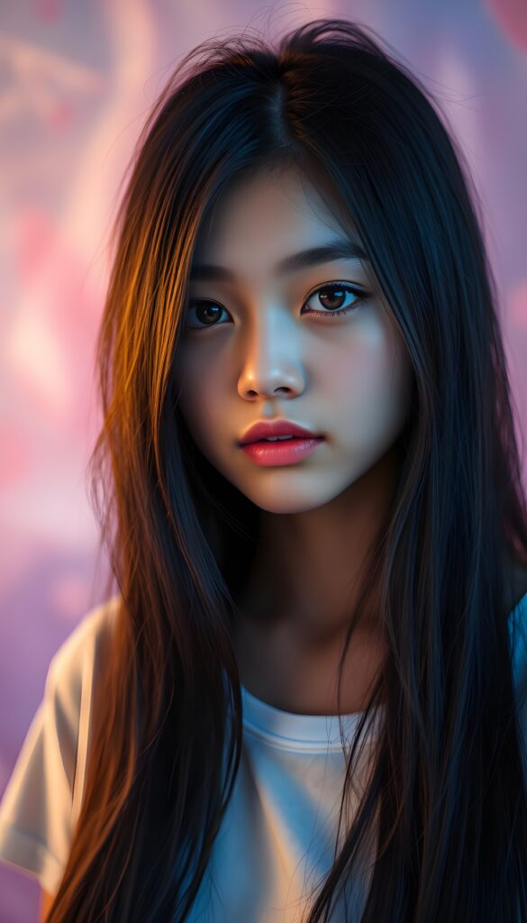 A vibrant, surreal portrait of a beautiful young teenager with sleek, obsidian straight hair cascading like a waterfall just to her shoulder, her expressive eyes gazing softly into the camera. Her lips are vividly pink, slightly parted as if ready to speak. The background is a dreamy, soft-focus blend of pastel purples and blues, creating a whimsical, almost otherworldly atmosphere. Gentle, ethereal lighting highlights her features, giving the image a celestial glow. Her youthful, radiant expression exudes confidence and warmth, making the scene both striking and enchanting. She wears a white, thin fine t-shirt.
