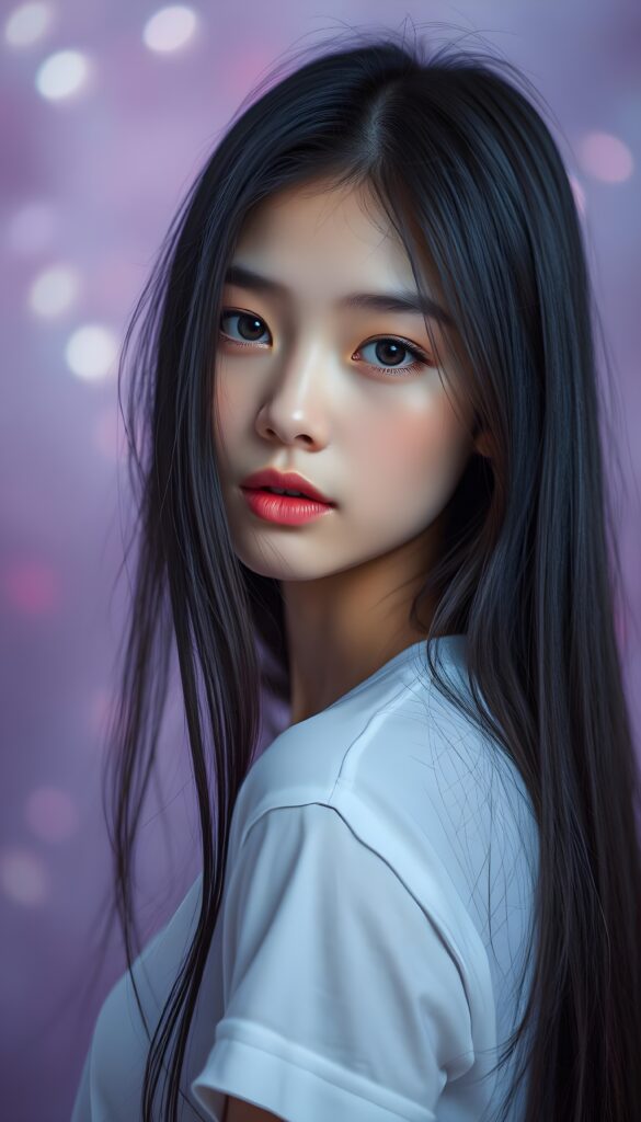 A vibrant, surreal portrait of a beautiful young teenager with sleek, obsidian straight hair cascading like a waterfall just to her shoulder, her expressive eyes gazing softly into the camera. Her lips are vividly pink, slightly parted as if ready to speak. The background is a dreamy, soft-focus blend of pastel purples and blues, creating a whimsical, almost otherworldly atmosphere. Gentle, ethereal lighting highlights her features, giving the image a celestial glow. Her youthful, radiant expression exudes confidence and warmth, making the scene both striking and enchanting. She wears a white, thin fine t-shirt.