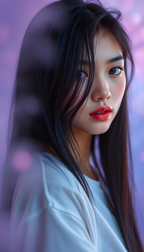 A vibrant, surreal portrait of a beautiful young teenager with sleek, obsidian straight hair cascading like a waterfall just to her shoulder, her expressive eyes gazing softly into the camera. Her lips are vividly pink, slightly parted as if ready to speak. The background is a dreamy, soft-focus blend of pastel purples and blues, creating a whimsical, almost otherworldly atmosphere. Gentle, ethereal lighting highlights her features, giving the image a celestial glow. Her youthful, radiant expression exudes confidence and warmth, making the scene both striking and enchanting. She wears a white, thin fine t-shirt.