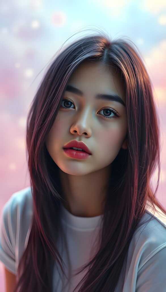 A vibrant, surreal portrait of a beautiful young teenager with sleek, obsidian straight hair cascading like a waterfall just to her shoulder, her expressive eyes gazing softly into the camera. Her lips are vividly pink, slightly parted as if ready to speak. The background is a dreamy, soft-focus blend of pastel purples and blues, creating a whimsical, almost otherworldly atmosphere. Gentle, ethereal lighting highlights her features, giving the image a celestial glow. Her youthful, radiant expression exudes confidence and warmth, making the scene both striking and enchanting. She wears a white, thin fine t-shirt.