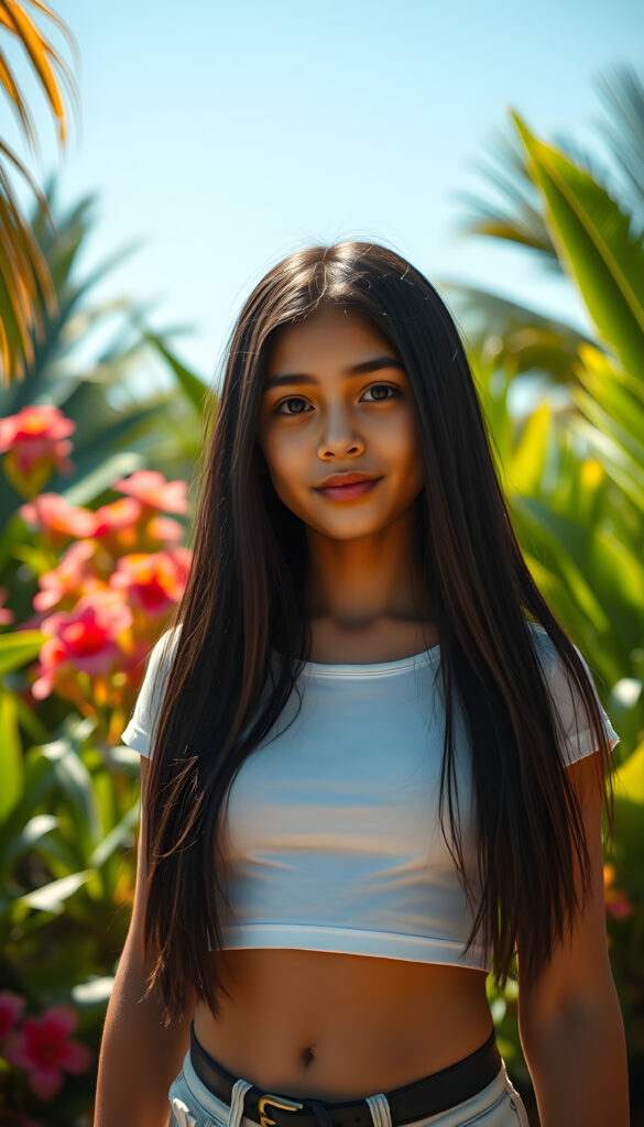 A vibrant, tropical setting with lush greenery and colorful flowers in the background. In the foreground, a young girl with tan skin and long, straight black hair cover her upper body, she wears a white thin cropped t-shirt, she stands confidently, her hair cascading over her shoulders. Her round face, full lips, and bright eyes catch the sunlight, creating a warm and inviting atmosphere. The scene is filled with a sense of adventure and beauty, with a clear blue sky above and a hint of a sunset on the horizon.