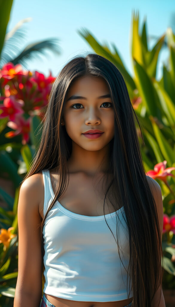 A vibrant, tropical setting with lush greenery and colorful flowers in the background. In the foreground, a young girl with tan skin and long, straight black hair cover her upper body, she wears a white thin cropped t-shirt, she stands confidently, her hair cascading over her shoulders. Her round face, full lips, and bright eyes catch the sunlight, creating a warm and inviting atmosphere. The scene is filled with a sense of adventure and beauty, with a clear blue sky above and a hint of a sunset on the horizon.