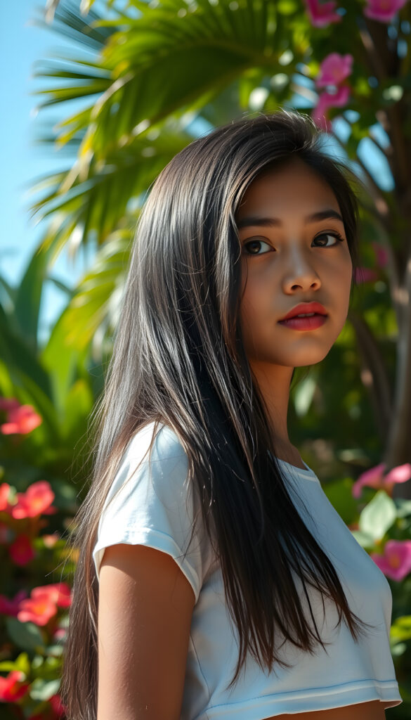 A vibrant, tropical setting with lush greenery and colorful flowers in the background. In the foreground, a young girl with tan skin and long, straight black hair cover her upper body, she wears a white thin cropped t-shirt, she stands confidently, her hair cascading over her shoulders. Her round face, full lips, and bright eyes catch the sunlight, creating a warm and inviting atmosphere. The scene is filled with a sense of adventure and beauty, with a clear blue sky above and a hint of a sunset on the horizon.
