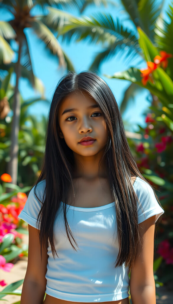 A vibrant, tropical setting with lush greenery and colorful flowers in the background. In the foreground, a young girl with tan skin and long, straight black hair cover her upper body, she wears a white thin cropped t-shirt, she stands confidently, her hair cascading over her shoulders. Her round face, full lips, and bright eyes catch the sunlight, creating a warm and inviting atmosphere. The scene is filled with a sense of adventure and beauty, with a clear blue sky above and a hint of a sunset on the horizon.