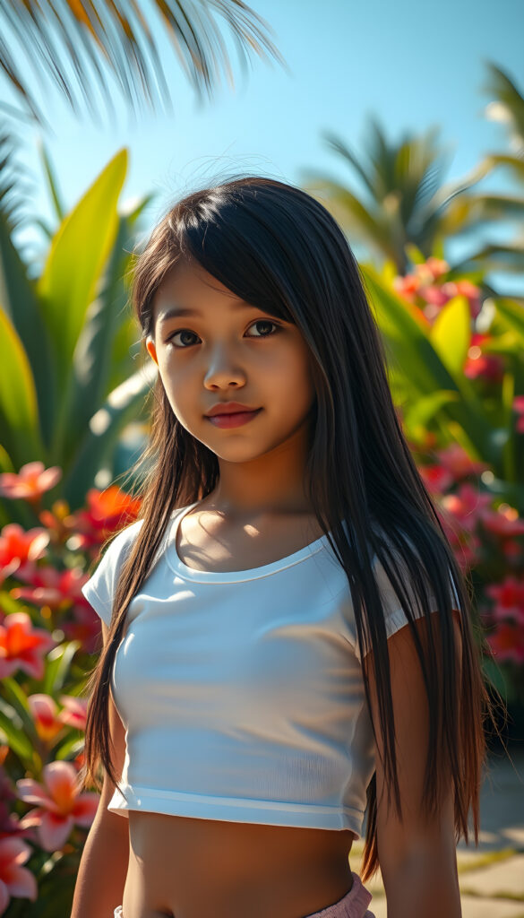 A vibrant, tropical setting with lush greenery and colorful flowers in the background. In the foreground, a young girl with tan skin and long, straight black hair cover her upper body, she wears a white thin cropped t-shirt, she stands confidently, her hair cascading over her shoulders. Her round face, full lips, and bright eyes catch the sunlight, creating a warm and inviting atmosphere. The scene is filled with a sense of adventure and beauty, with a clear blue sky above and a hint of a sunset on the horizon.