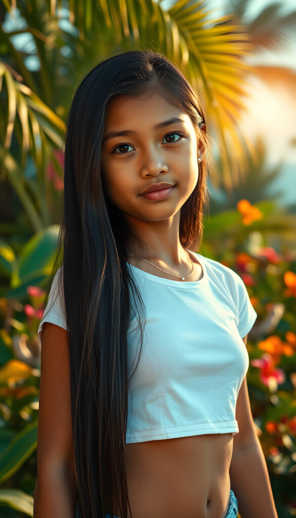 A vibrant, tropical setting with lush greenery and colorful flowers in the background. In the foreground, a young girl with tan skin and long, straight black hair cover her upper body, she wears a white thin cropped t-shirt, she stands confidently, her hair cascading over her shoulders. Her round face, full lips, and bright eyes catch the sunlight, creating a warm and inviting atmosphere. The scene is filled with a sense of adventure and beauty, with a clear blue sky above and a hint of a sunset on the horizon.
