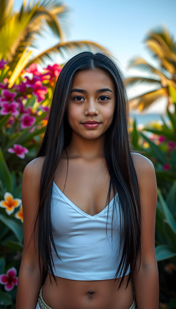 A vibrant, tropical setting with lush greenery and colorful flowers in the background. In the foreground, a young well busty young teen girl with tan skin and long, straight soft open black hair, she wears a white thin cropped spaghetti top and deep v-neck, she stands confidently, her hair cascading over her shoulders. Her round face, full lips, and bright eyes catch the sunlight, creating a warm and inviting atmosphere. The scene is filled with a sense of adventure and beauty, with a clear blue sky above and a hint of a sunset on the horizon.