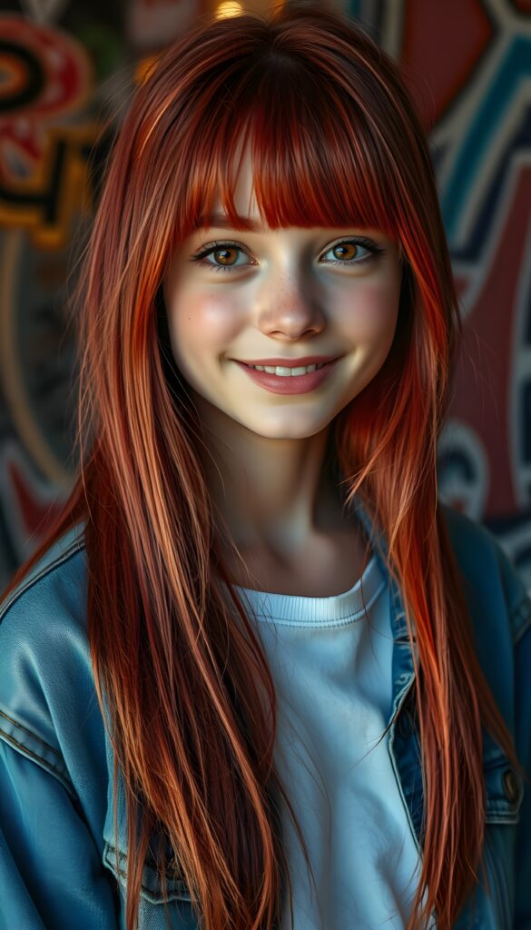 A vibrant, ultra-realistic portrait of a cute petite teen girl with meticulously straight detailed neon red hair falls down like a waterfall. Her expressive amber eyes sparkle with creativity, and her warm smile radiates friendliness. The background to a cozy, graffiti-covered wall. The lighting is dynamic, casting soft shadows and highlights that accentuate her freckles. The colors are rich and saturated, giving the image a lively, youthful vibe. She wears a blue open denim jeans jacket. Underwear a white t-shirt.