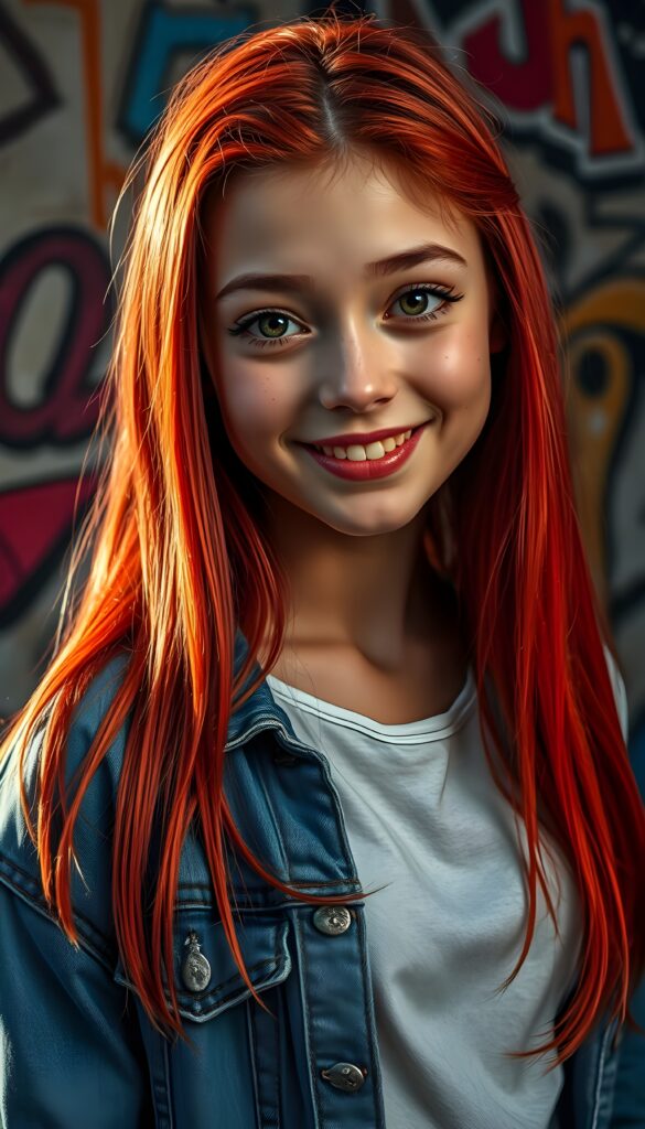 A vibrant, ultra-realistic portrait of a cute petite teen girl with meticulously straight detailed neon red hair falls down like a waterfall. Her expressive amber eyes sparkle with creativity, and her warm smile radiates friendliness. The background to a cozy, graffiti-covered wall. The lighting is dynamic, casting soft shadows and highlights that accentuate her freckles. The colors are rich and saturated, giving the image a lively, youthful vibe. She wears a blue open denim jeans jacket. Underwear a white t-shirt.